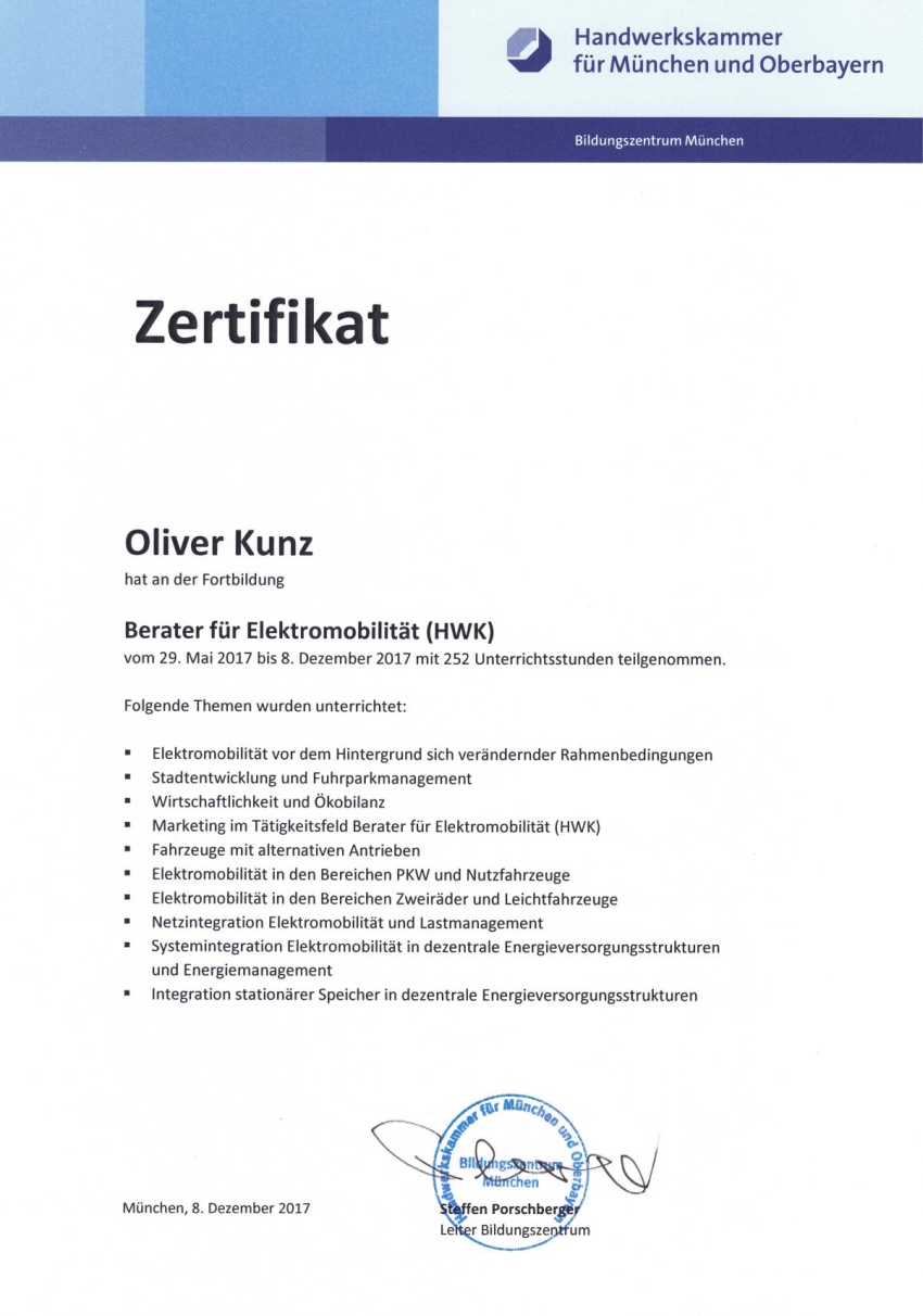 Teilnahmebestätigung Berater Elektromobilität Kunz