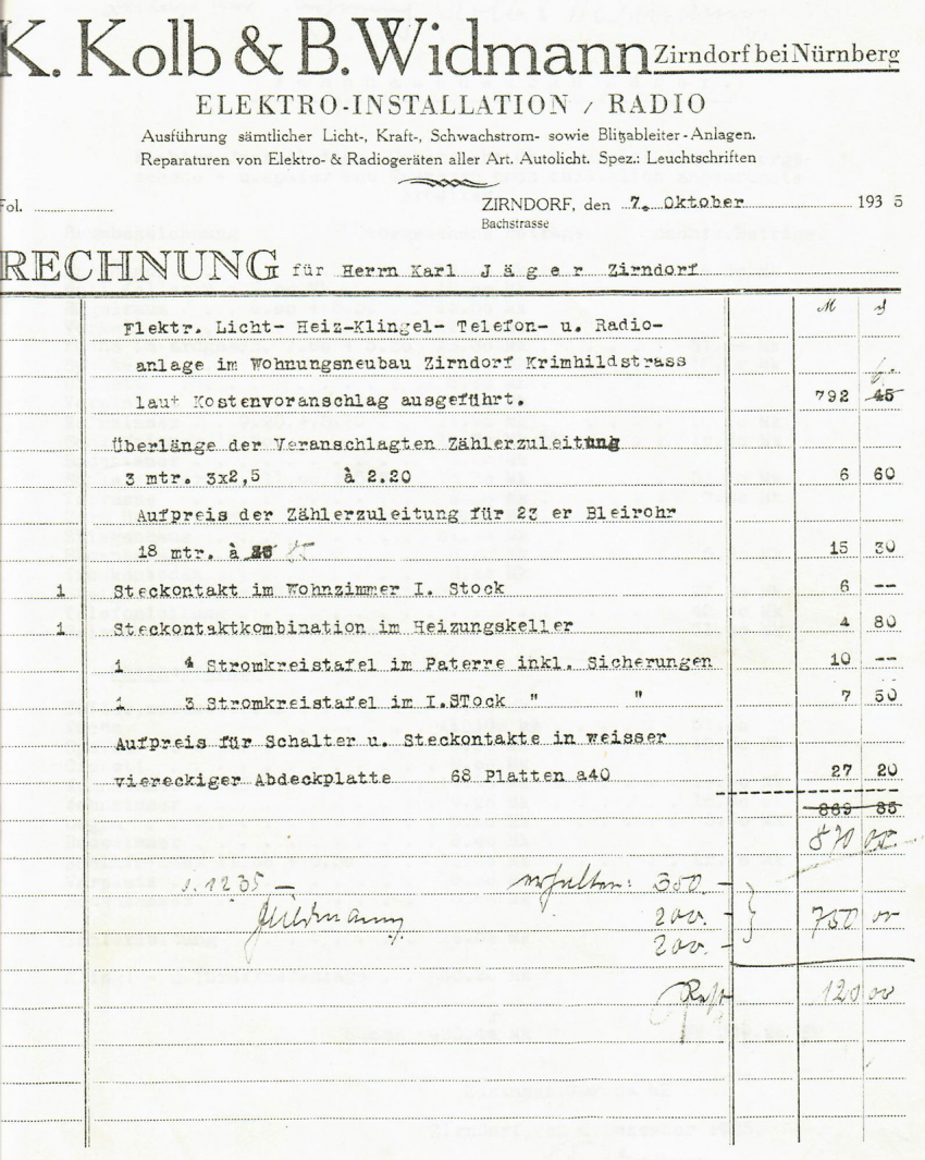 Rechnung der Fa. Widmann von 1935