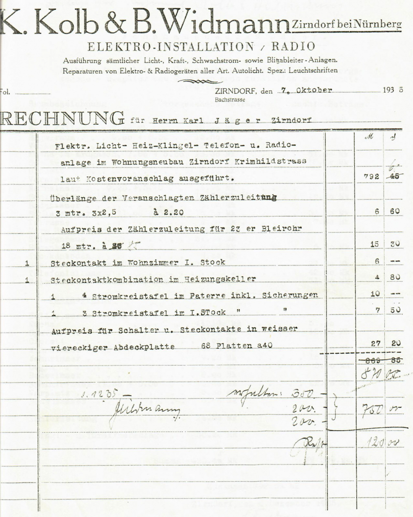 Rechnung der Fa. Widmann von 1935 Rechnung der Fa. Widmann von 1935